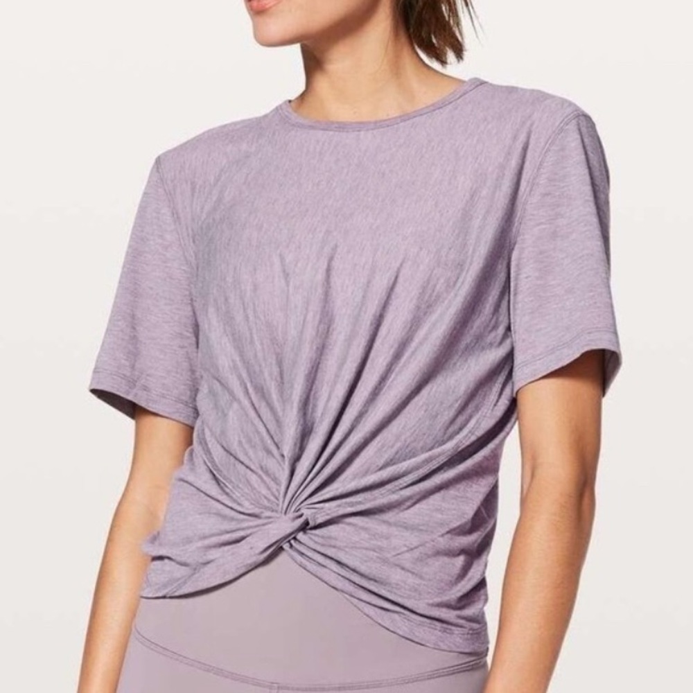 Lululemon Crescent Tee Heathered Dust Pink Twist Front Crop Pima Cotton S/M